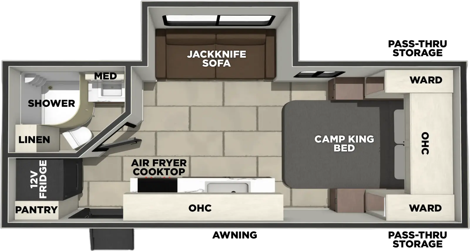 The Tracer 185JH floorplan has one entry and one slide out. Exterior features include: fiberglass exterior. Interiors features include: front bedroom.