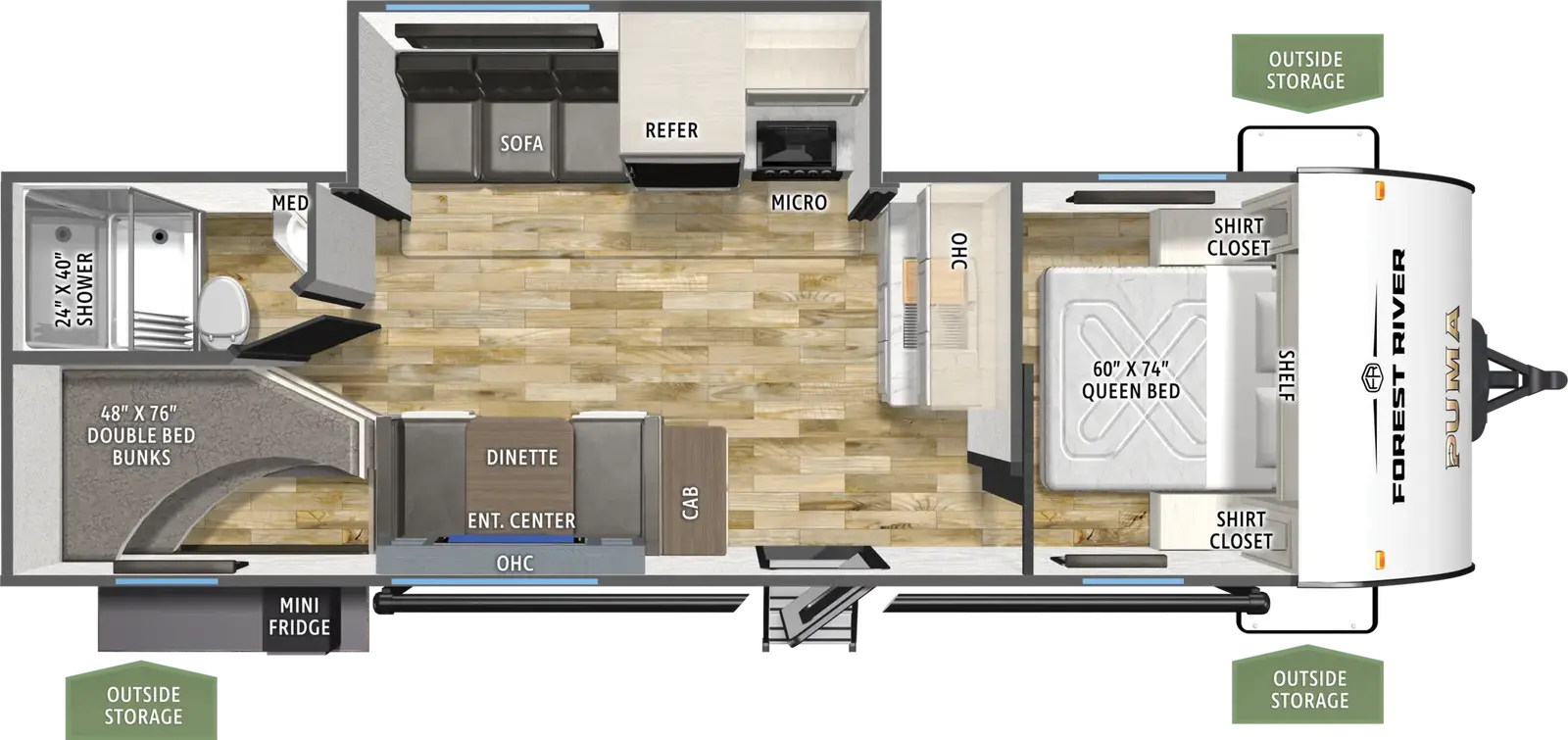 The Puma Camping Edition 261BHCE floorplan has one entry and one slide out. Exterior features include: metal exterior. Interiors features include: bunk beds and front bedroom.