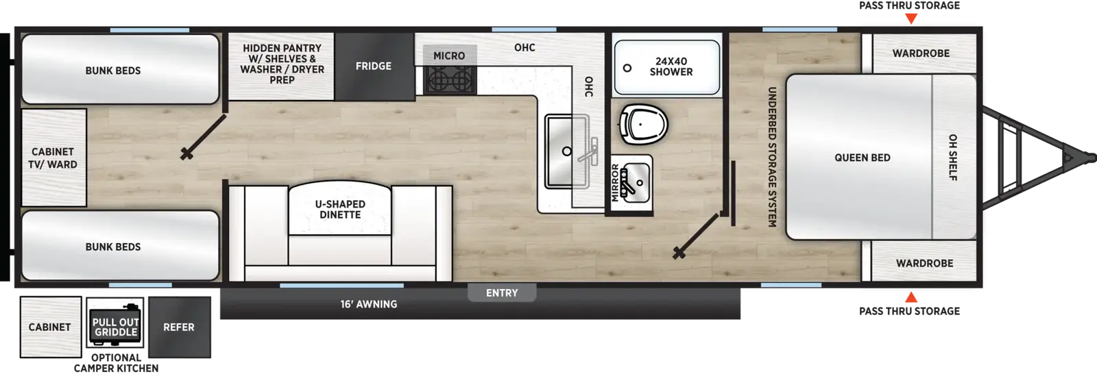 The Viking Travel Trailers 25QBH floorplan has one entry and zero slide outs. Exterior features include: metal exterior, 16' awning and outside kitchen. Interiors features include: bunk beds, u-dinette, front bedroom and rear bathroom.