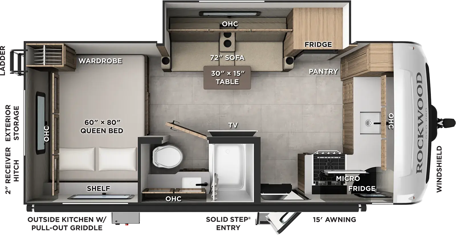 The Rockwood Geo Pro G20SFK floorplan has one entry and one slide out. Exterior features include: fiberglass exterior, 15' awning and outside kitchen. Interiors features include: front kitchen and rear bedroom.