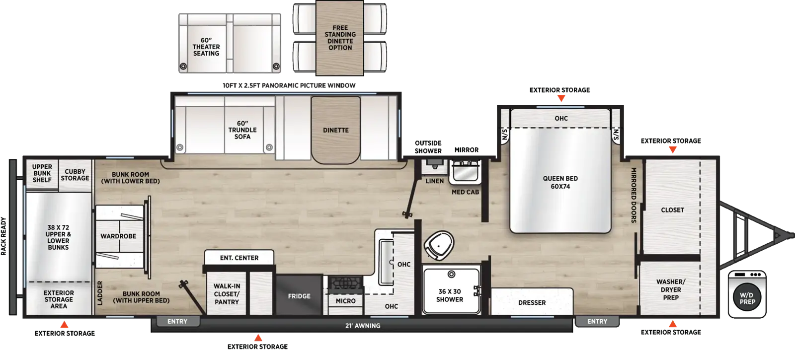 The Catalina Legacy Edition 333DORM floorplan has two entries and two slide outs. Exterior features include: metal exterior and 21' awning. Interiors features include: bunk beds, free-standing dinette option, front bedroom and pass through bathroom.