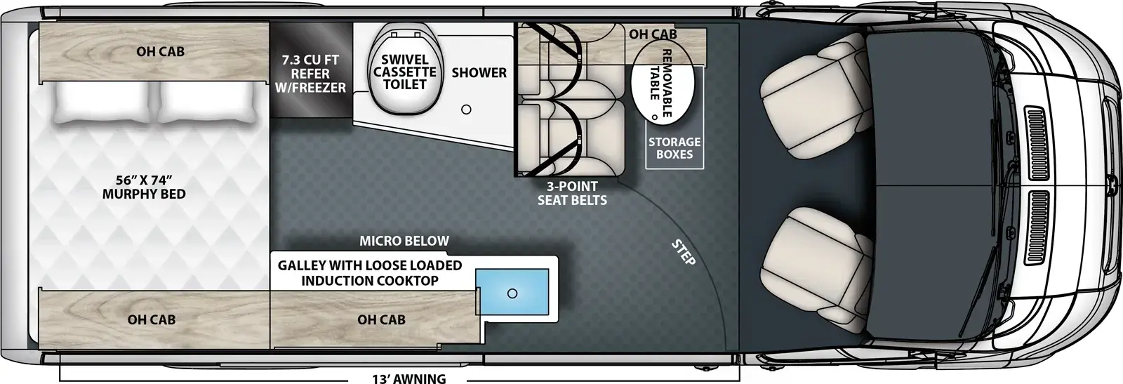 The Pixel P 2.0M floorplan has one entry and zero slide outs. Exterior features include: 13'1" awning. Interiors features include: murphy bed.