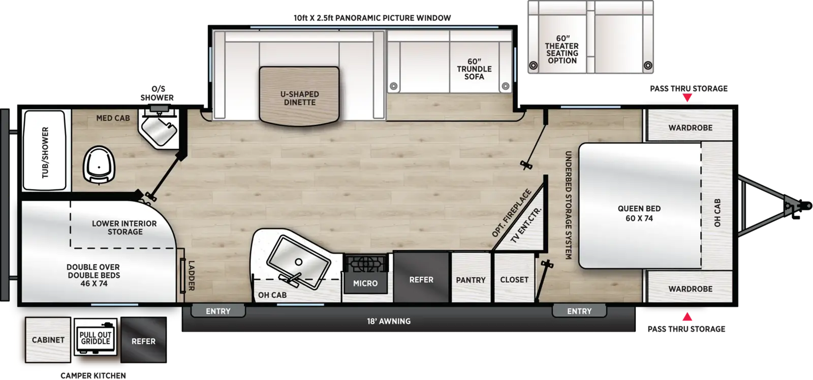 The Aurora 28BHS floorplan has two entries and one slide out. Exterior features include: metal exterior, 18' awning and outside kitchen. Interiors features include: bunk beds, u-dinette and front bedroom.