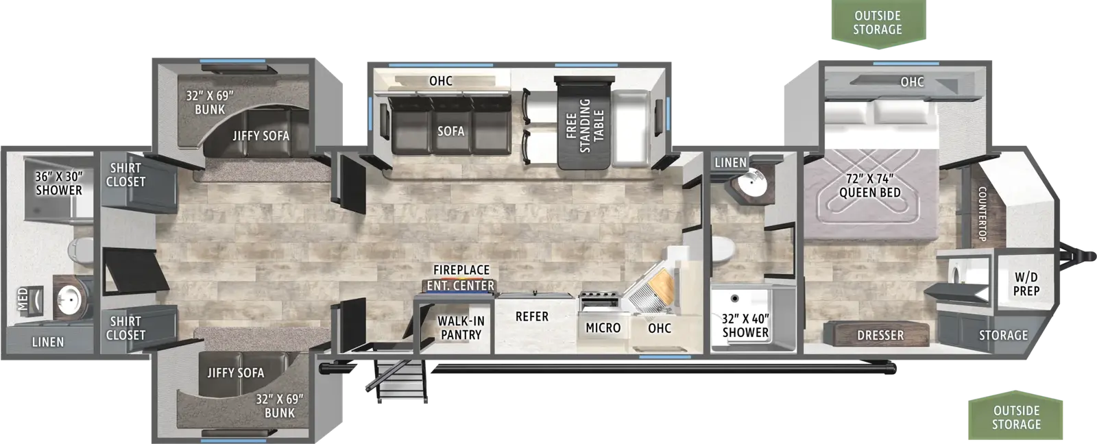 The Puma Vista 39BHK floorplan has one entry and four slide outs. Exterior features include: metal exterior and 21' awning. Interiors features include: bunk beds, front bedroom, rear bathroom, pass through bathroom and two full bathrooms.