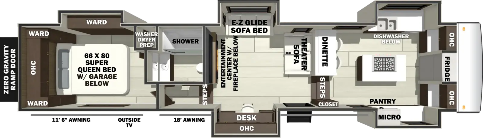 The RIVERSTONE 42FSKG floorplan is a toy hauler that has one entry and five slide outs. Exterior features include: fiberglass exterior, 18' & 11'6" awning and  outside entertainment. Interiors features include: front kitchen, kitchen island and rear bedroom.