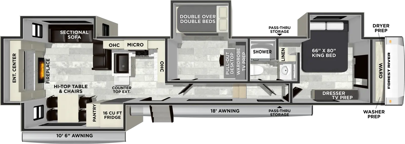 The Cardinal 41DUB floorplan has one entry and four slide outs. Exterior features include: fiberglass exterior and 10'6" & 18' awning. Interiors features include: bunk beds and front bedroom.