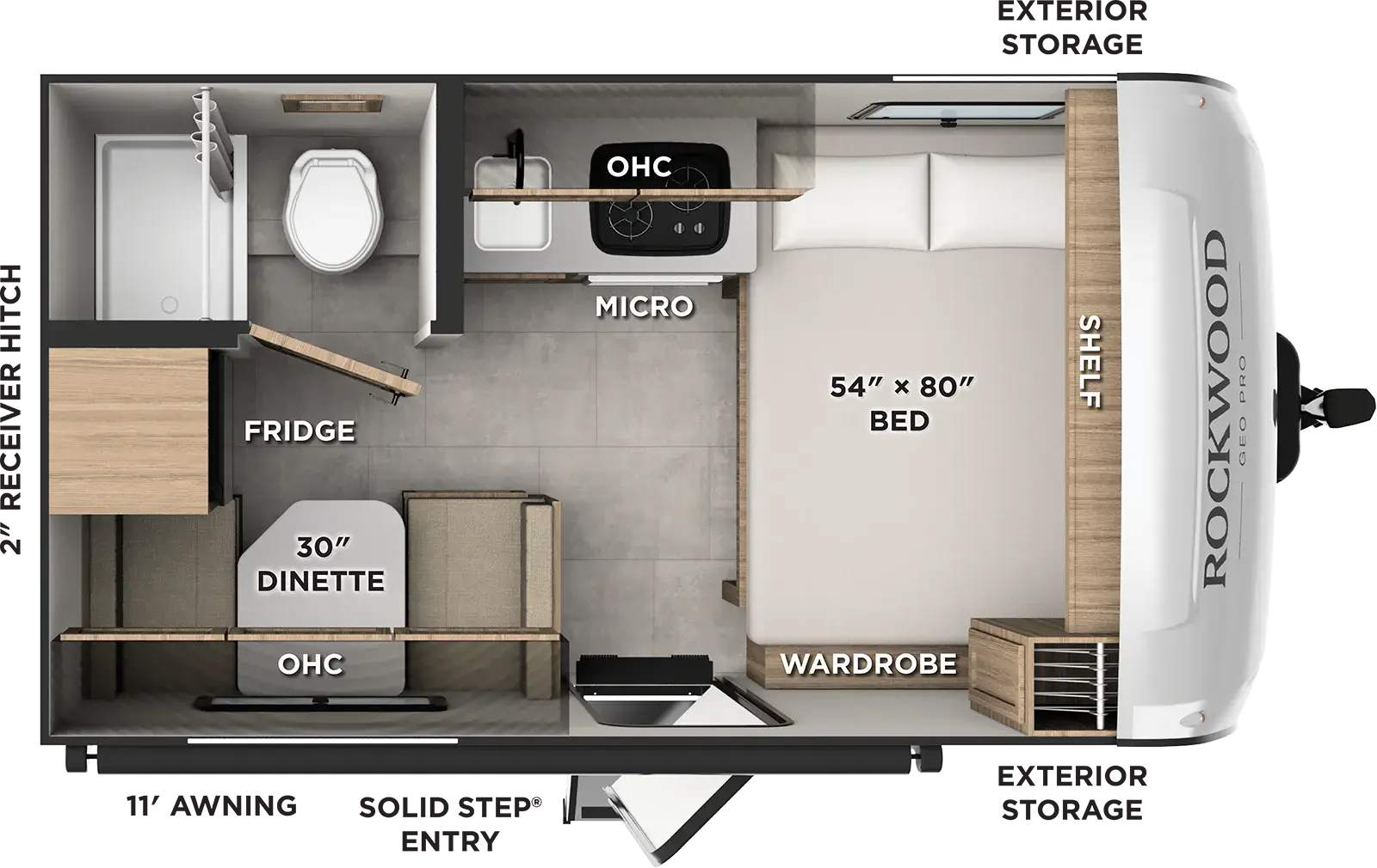 The Rockwood Geo Pro G13DLE floorplan has one entry and zero slide outs. Exterior features include: fiberglass exterior and 11' awning. Interiors features include: front bedroom.