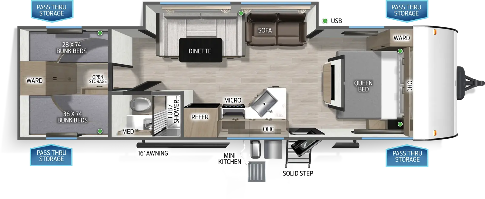 The Cascade 281RBFGC floorplan has one entry and one slide out. Exterior features include: fiberglass exterior, 16' awning and outside kitchen. Interiors features include: bunk beds, u-dinette and front bedroom.