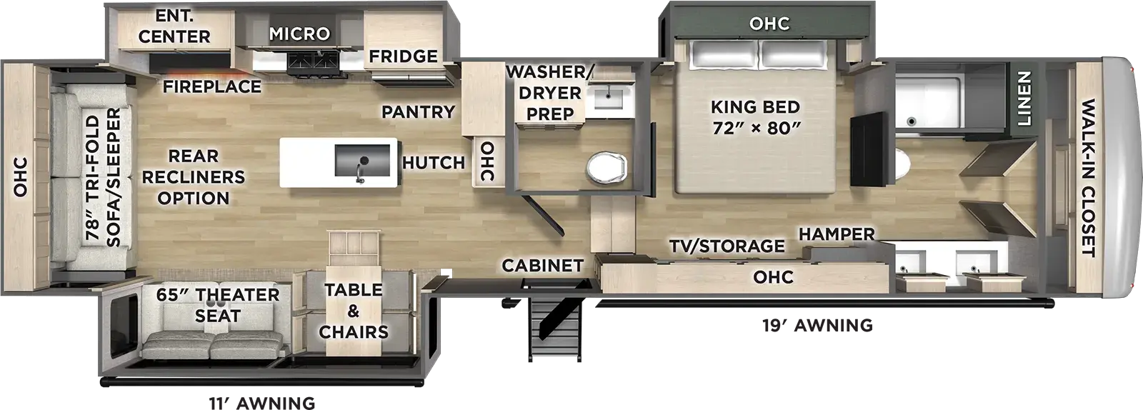The Puma Mirage 383RLH floorplan has one entry and three slide outs. Exterior features include: fiberglass exterior and 11' & 19" awning. Interiors features include: kitchen island, free-standing dinette option, rear living and bathroom and a half.