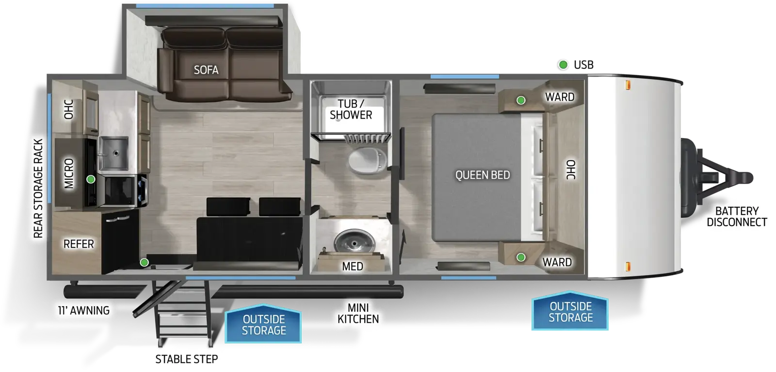 The Cascade 171RKC floorplan has one entry and one slide out. Exterior features include: metal exterior, 11' awning and outside kitchen. Interiors features include: rear kitchen, front bedroom and pass through bathroom.