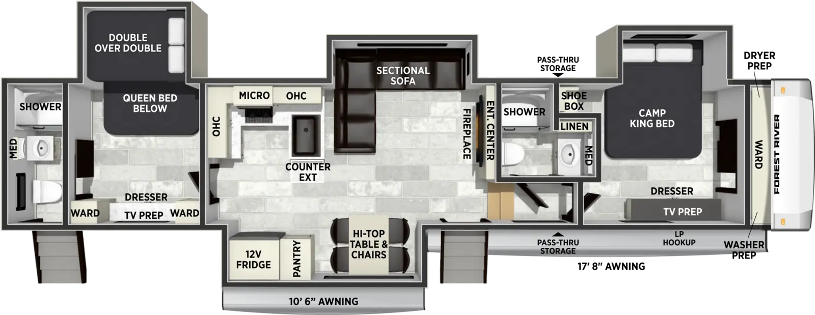 The Cardinal 42MASTERS floorplan has two entries and four slide outs. Exterior features include: fiberglass exterior and 10'6" & 17'8" awning. Interiors features include: free-standing dinette option, front bedroom, two bedrooms, rear bathroom and two full bathrooms.