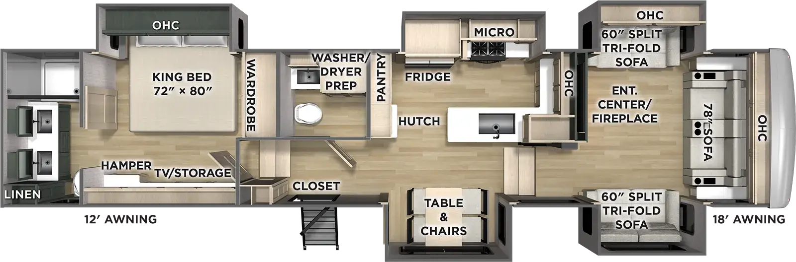 The Puma Mirage 389FLH floorplan has one entry and five slide outs. Exterior features include: fiberglass exterior and 12' & 18' awning. Interiors features include: free-standing dinette option, front living, rear bathroom and bathroom and a half.