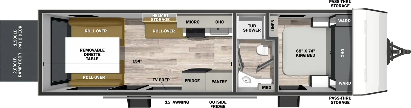 The XLR Boost 26BST floorplan is a toy hauler that has two entries and zero slide outs. Exterior features include: metal exterior and 15' awning. Interiors features include: front bedroom and pass through bathroom.