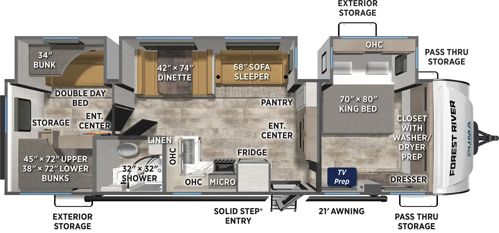 The Puma Tracks 3200TSBH floorplan has one entry and three slide outs. Exterior features include: fiberglass exterior and 21' awning. Interiors features include: bunk beds and front bedroom.