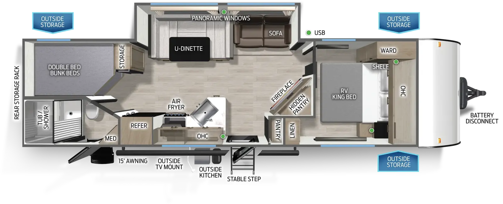 The Cascade 261CBFGC floorplan has two entries and one slide out. Exterior features include: fiberglass exterior, 15' awning and outside kitchen. Interiors features include: bunk beds, u-dinette and front bedroom.