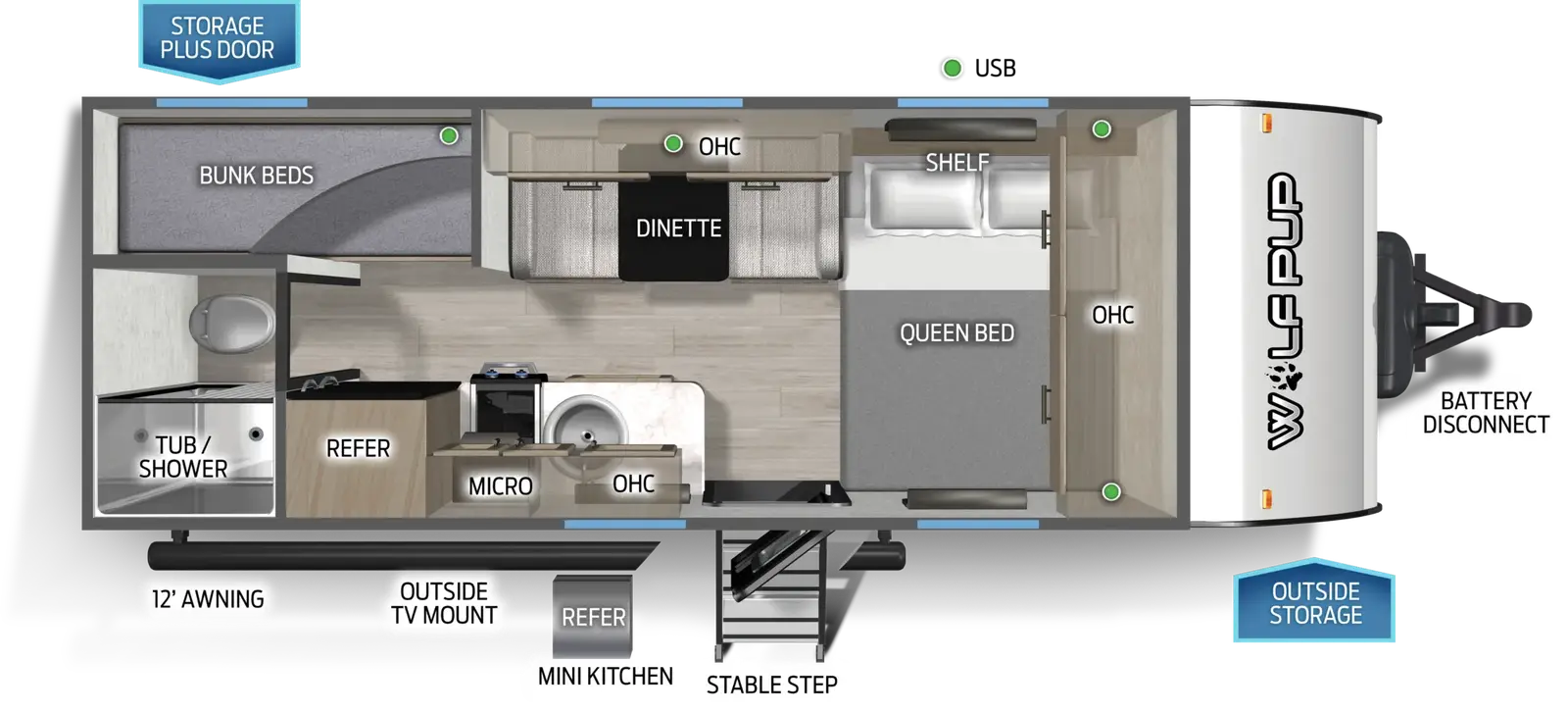 The Wolf Pup 16BHSW floorplan has one entry and zero slide outs. Exterior features include: metal exterior, 12' awning and outside kitchen. Interiors features include: bunk beds and front bedroom.