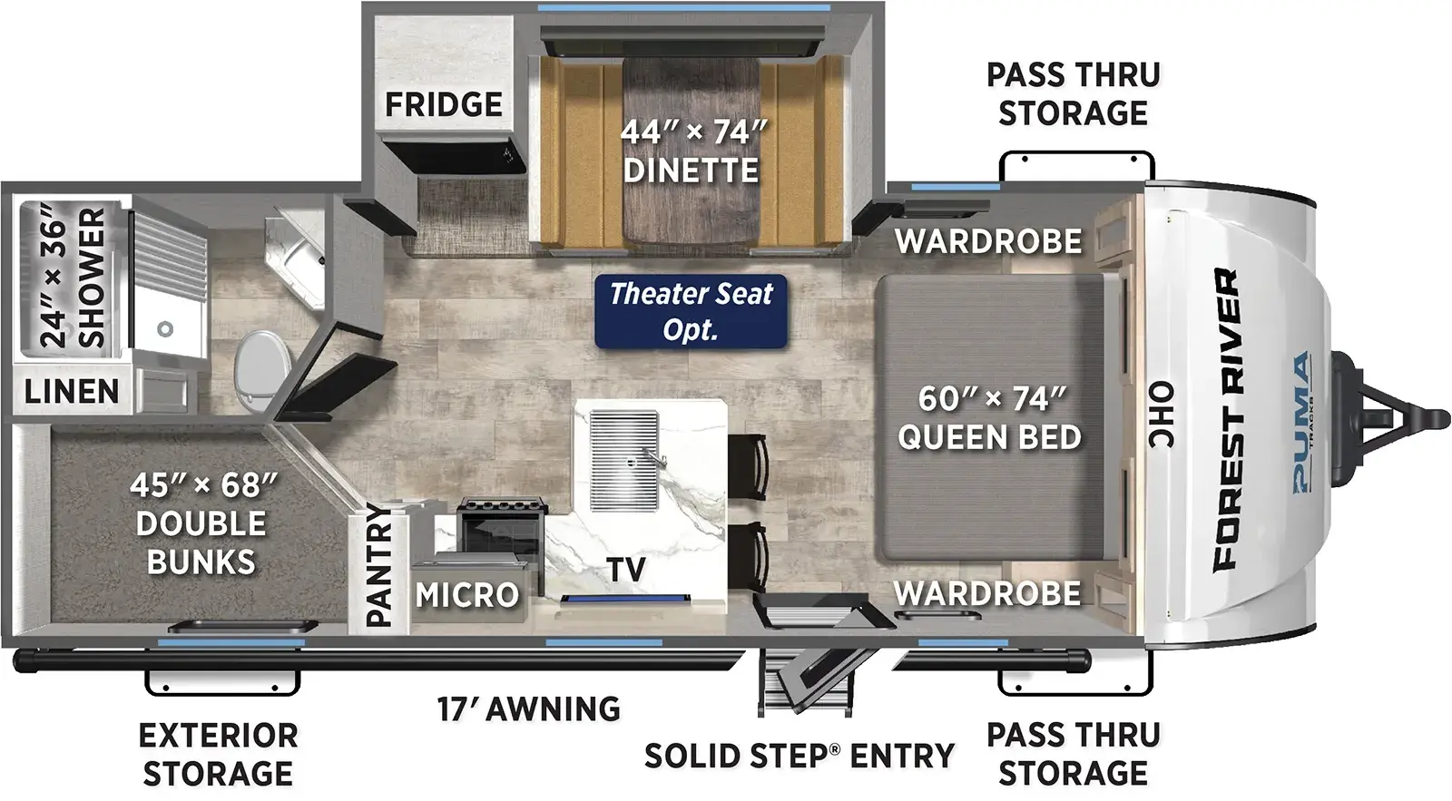 The Puma Tracks 235BH floorplan has one entry and one slide out. Exterior features include: fiberglass exterior and 17' awning. Interiors features include: bunk beds and front bedroom.