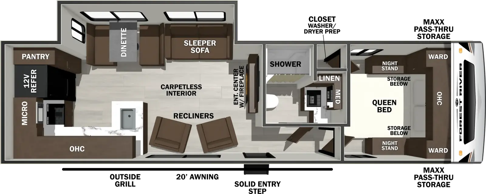 The Wildcat Travel Trailers 271CHEF floorplan has one entry and one slide out. Exterior features include: fiberglass exterior and 20' awning. Interiors features include: rear kitchen and front bedroom.