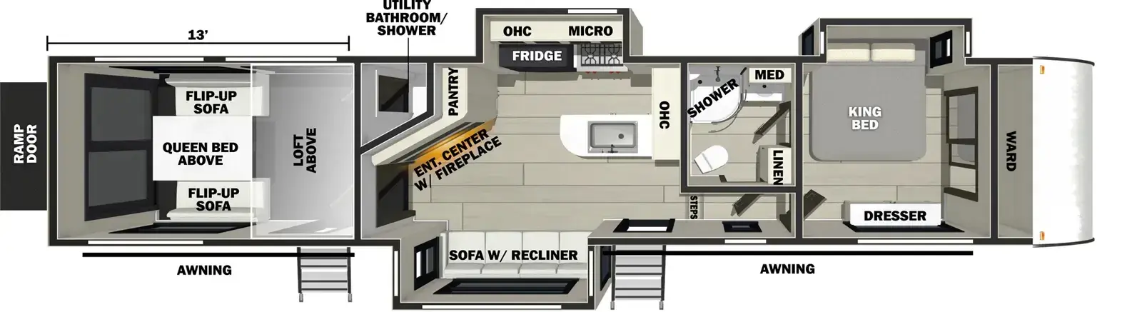 The Vengeance Rogue Armored 351G2 floorplan is a toy hauler that has two entries and three slide outs. Exterior features include: fiberglass exterior and 10' & 16' awning. Interiors features include: front bedroom and bathroom and a half.