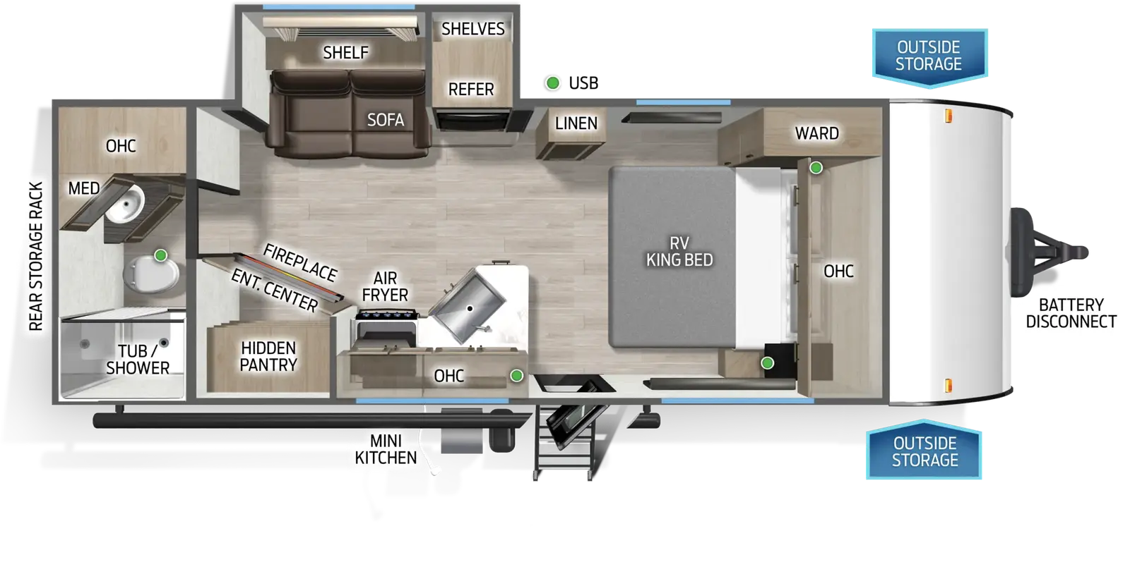 The Cascade 211RBC floorplan has one entry and one slide out. Exterior features include: metal exterior and outside kitchen. Interiors features include: front bedroom and rear bathroom.