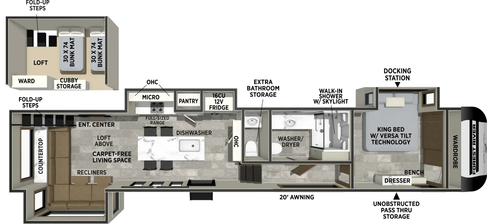 The Impression 44STAY floorplan has one entry and four slide outs. Exterior features include: fiberglass exterior and 24' awning. Interiors features include: loft, kitchen island, front bedroom, rear living and bathroom and a half.