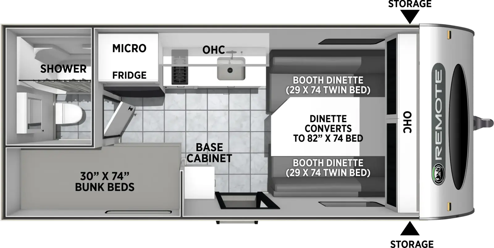 The Remote 16.2R floorplan has one entry and zero slide outs. Exterior features include: fiberglass exterior. Interiors features include: bunk beds.