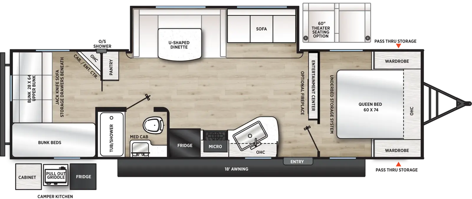 The Viking Travel Trailers 29QBCK floorplan has one entry and one slide out. Exterior features include: metal exterior, 18' awning and outside kitchen. Interiors features include: bunk beds, u-dinette and front bedroom.