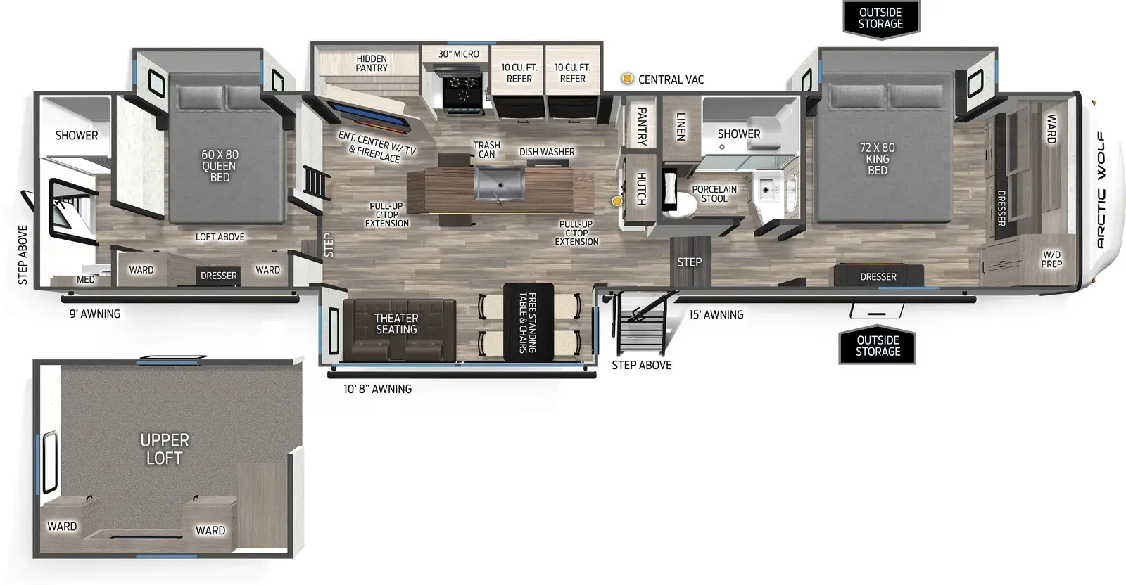 The Arctic Wolf 38DST floorplan has two entries and four slide outs. Exterior features include: fiberglass exterior, 9' and 10'8" & 15' awning. Interiors features include: loft, kitchen island, free-standing dinette option, front bedroom, rear bathroom and two full bathrooms.