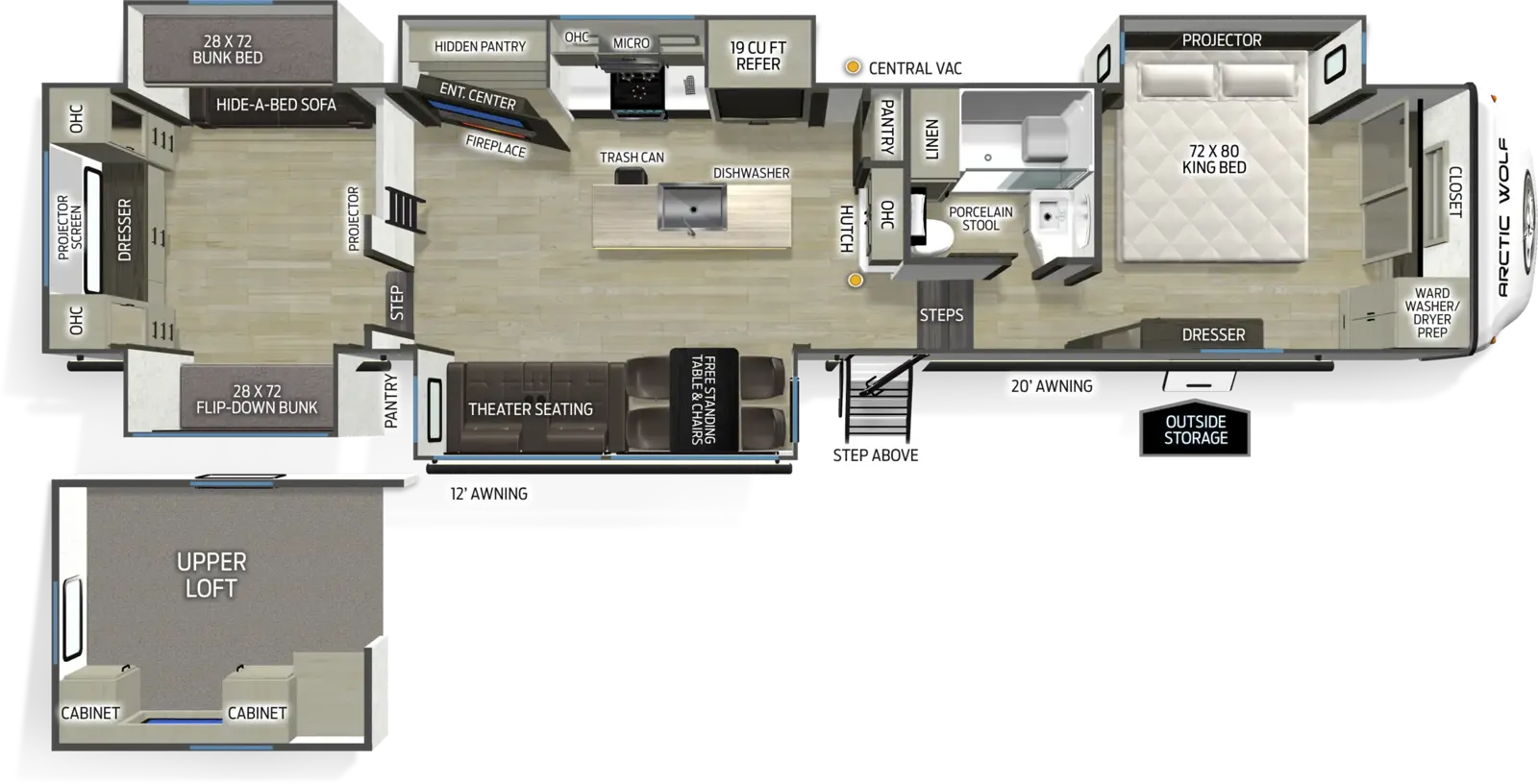 The Arctic Wolf 37LOFT floorplan has one entry and five slide outs. Exterior features include: fiberglass exterior and 12' & 20' awning. Interiors features include: bunk beds, loft, kitchen island, free-standing dinette option and front bedroom.