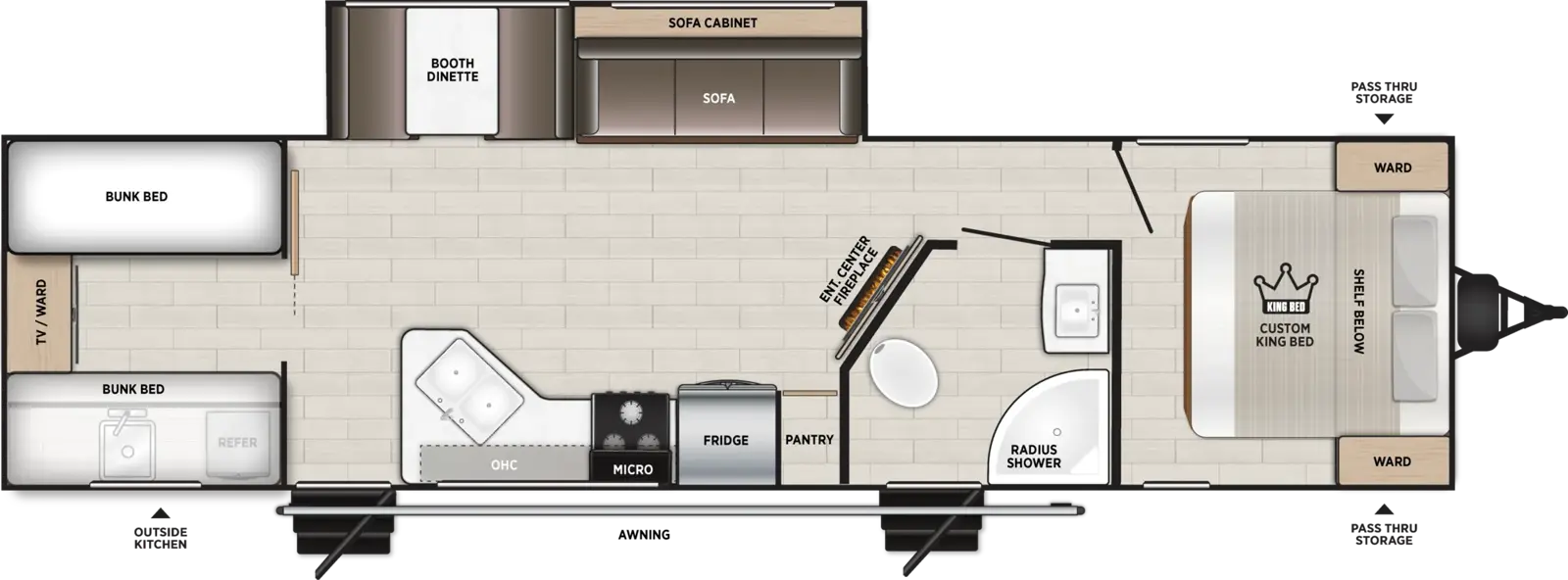 The X-Lite 30TBXL floorplan has two entries and one slide out. Exterior features include: metal exterior and outside kitchen. Interiors features include: bunk beds and front bedroom.