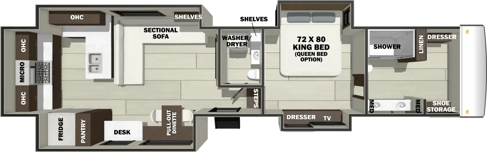 The RIVERSTONE 43BFC floorplan has one entry and four slide outs. Exterior features include: fiberglass exterior and 13'6" & 20' awning. Interiors features include: rear kitchen and bathroom and a half.