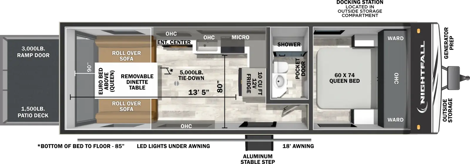 The Nightfall 24N floorplan is a toy hauler that has one entry and zero slide outs. Exterior features include: fiberglass exterior and 18' awning. Interiors features include: front bedroom.