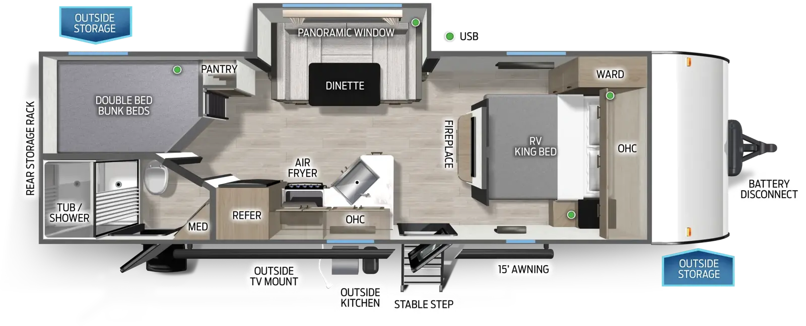 The Cascade 231DDFGC floorplan has two entries and one slide out. Exterior features include: fiberglass exterior, 15' awning and outside kitchen. Interiors features include: bunk beds, u-dinette and front bedroom.