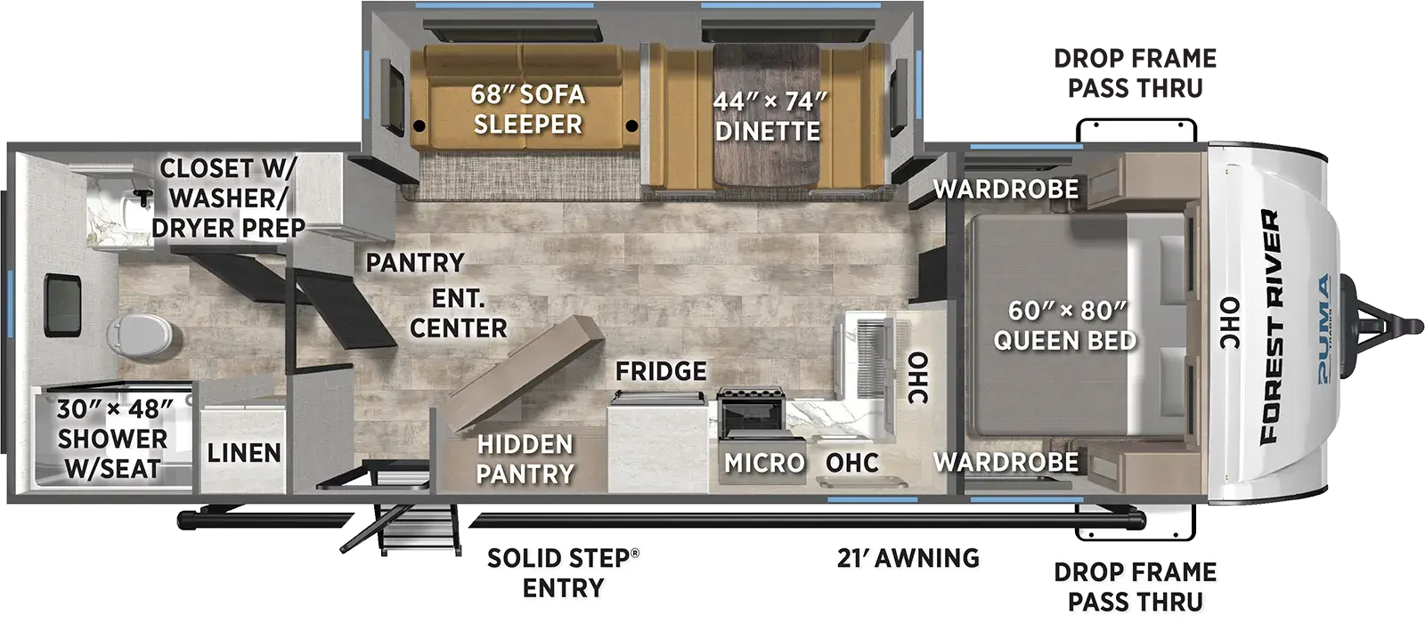 The Puma Tracks 2580RBSS floorplan has one entry and one slide out. Exterior features include: fiberglass exterior and 21' awning. Interiors features include: front bedroom and rear bathroom.