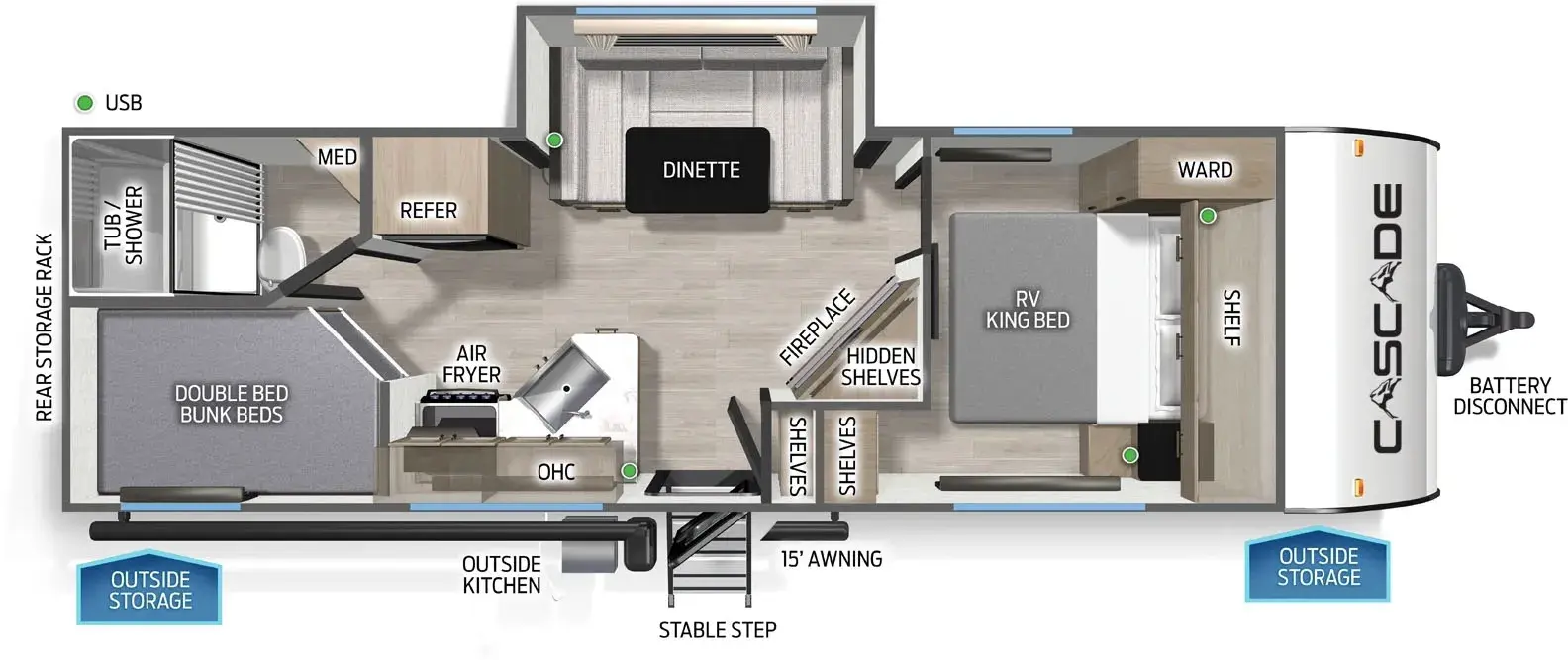 The Cascade 23MSC floorplan has one entry and one slide out. Exterior features include: fiberglass exterior, 15' awning and outside kitchen. Interiors features include: bunk beds, u-dinette and front bedroom.