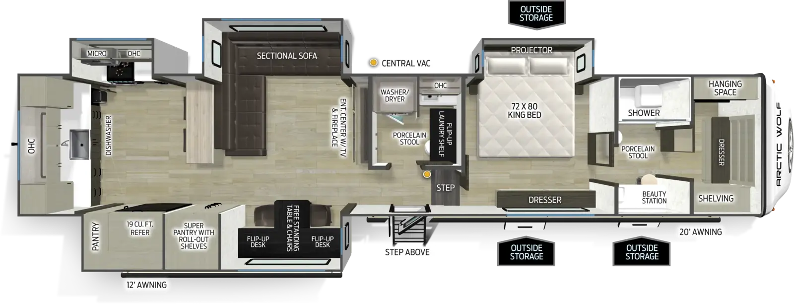 The Arctic Wolf 387ML floorplan has one entry and four slide outs. Exterior features include: fiberglass exterior and 12' & 15' awning. Interiors features include: rear kitchen, free-standing dinette option, pass through bathroom and bathroom and a half.