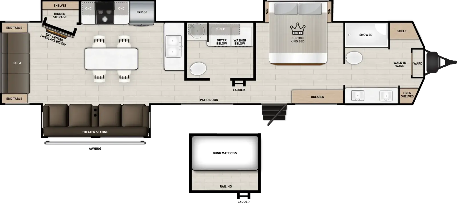 The Wildwood Lodge 43RLL floorplan has two entries and three slide outs. Exterior features include: metal exterior. Interiors features include: loft, kitchen island, rear living and bathroom and a half.