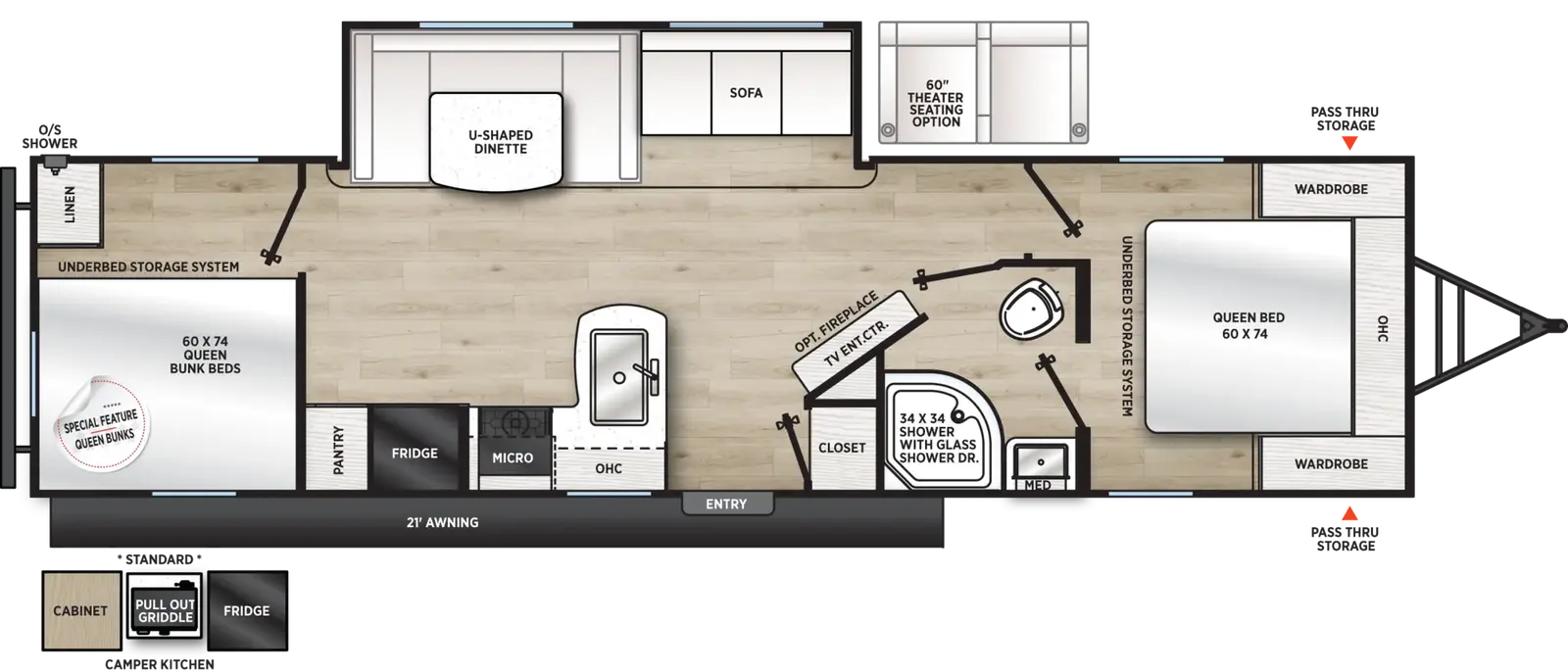 The Viking Travel Trailers 282TQS floorplan has one entry and one slide out. Exterior features include: metal exterior, 21' awning and outside kitchen. Interiors features include: u-dinette, front bedroom, rear bedroom, two bedrooms and pass through bathroom.