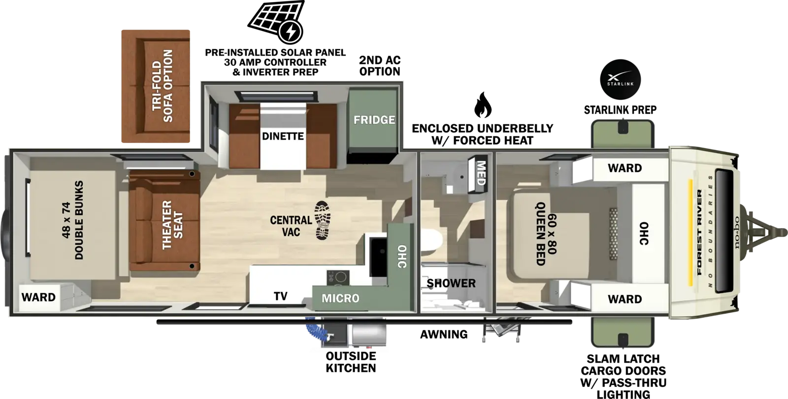 The No Boundaries NB20.9 floorplan has two entries and one slide out. Exterior features include: fiberglass exterior, 21' awning and outside kitchen. Interiors features include: bunk beds, front bedroom and pass through bathroom.
