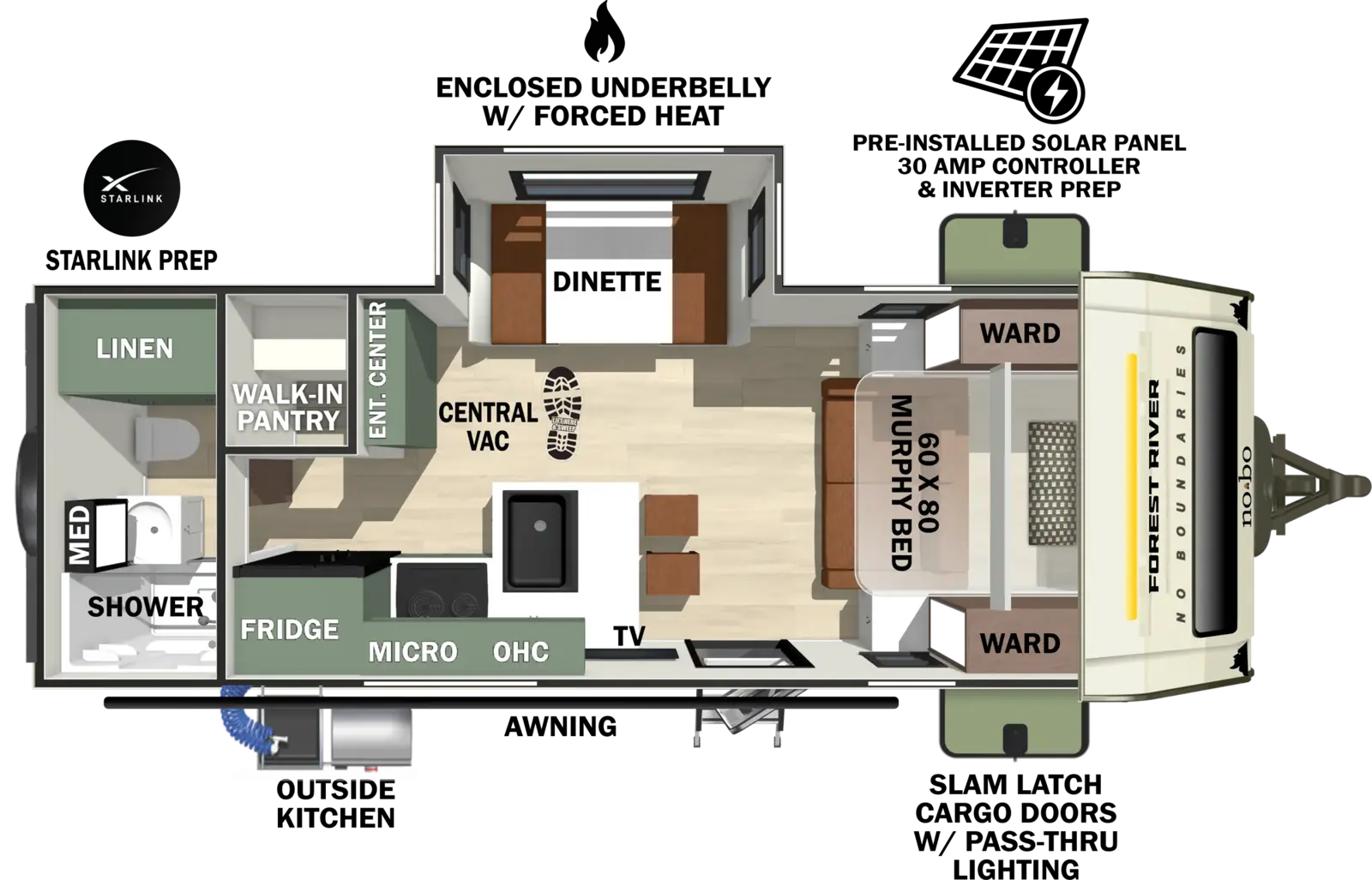 The No Boundaries NB20.4 floorplan has one entry and one slide out. Exterior features include: fiberglass exterior, 16' awning and outside kitchen. Interiors features include: murphy bed and rear bathroom.