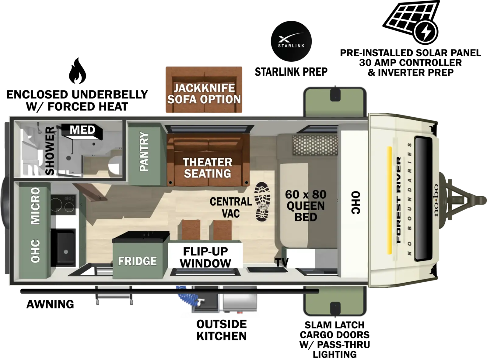 The No Boundaries NB18.2 floorplan has one entry and zero slide outs. Exterior features include: fiberglass exterior, 14' awning and outside kitchen. Interiors features include: front bedroom.