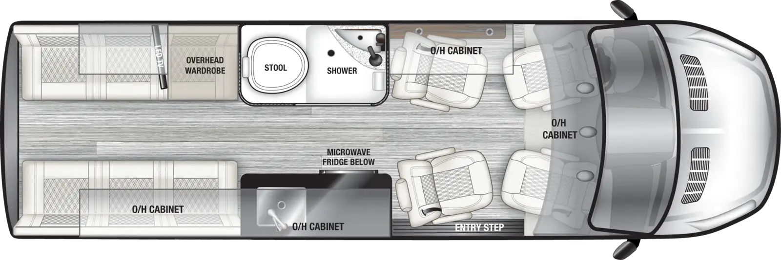 The VTOUR Ford 4TBFTA floorplan has one entry and zero slide outs. Exterior features include: 8' 2" awning. Interiors features include: captain chairs.