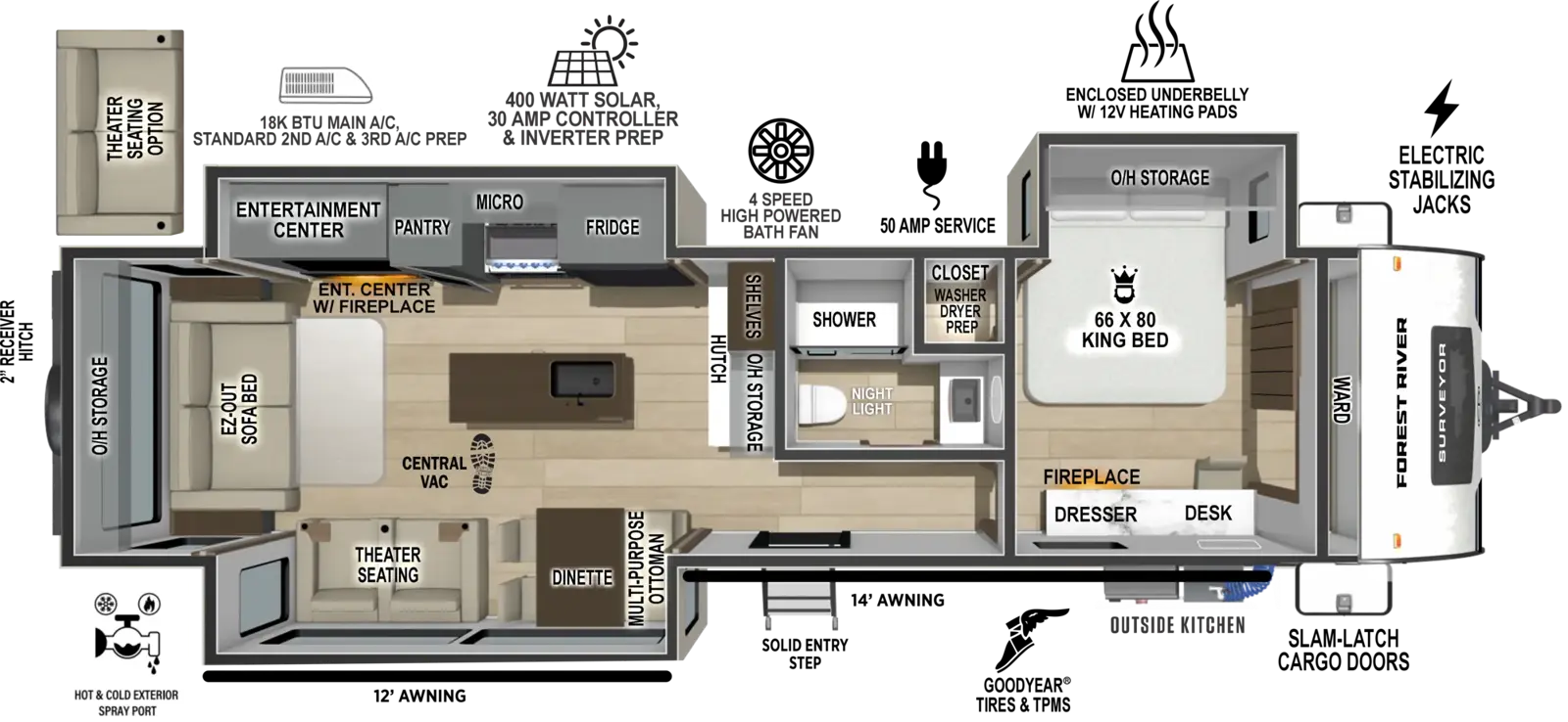 The Grand Surveyor 305RLBS floorplan has one entry and three slide outs. Exterior features include: fiberglass exterior, 16' & 11' awning and outside kitchen. Interiors features include: kitchen island, free-standing dinette option, front bedroom and rear living.