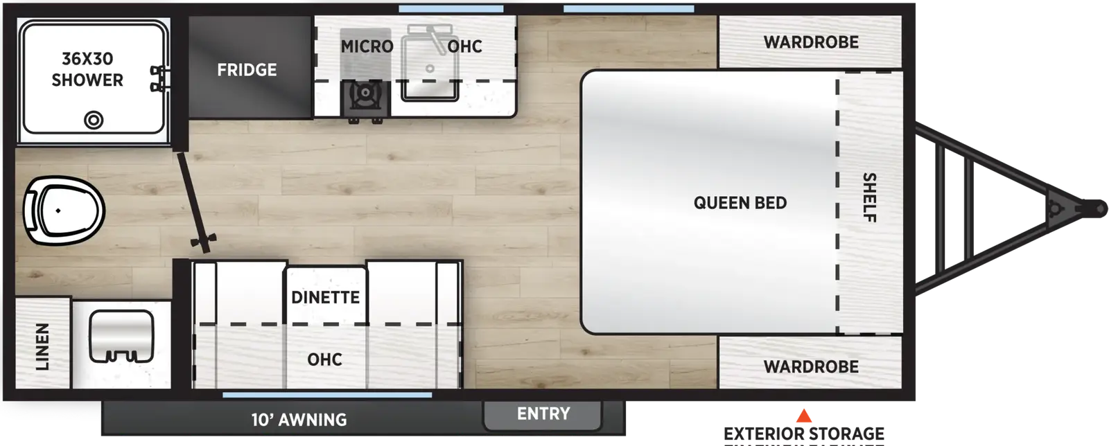 The Viking Travel Trailers 17FQ floorplan has one entry and zero slide outs. Exterior features include: metal exterior and 12' awning. Interiors features include: front bedroom and rear bathroom.