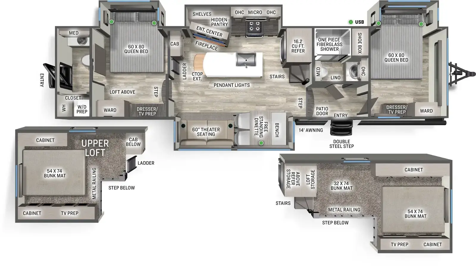 The Sierra Destination 41DUPLEX floorplan has two entries and four slide outs. Exterior features include: fiberglass exterior and 14' awning. Interiors features include: loft, kitchen island, free-standing dinette option, front bedroom, two bedrooms, rear bathroom and two full bathrooms.