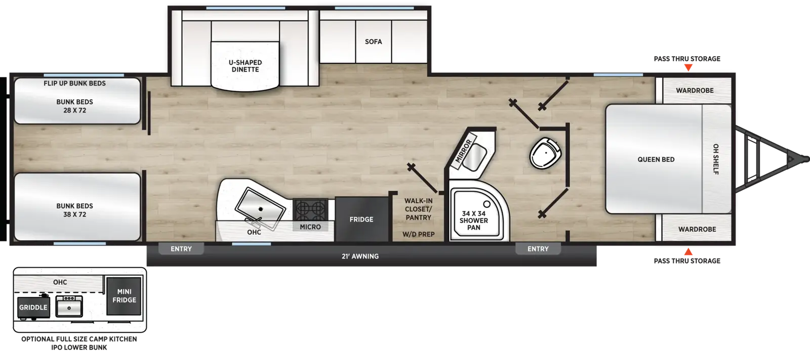 The Viking Travel Trailers 292TB floorplan has two entries and one slide out. Exterior features include: metal exterior, 21' awning and outside kitchen. Interiors features include: bunk beds, u-dinette and front bedroom.