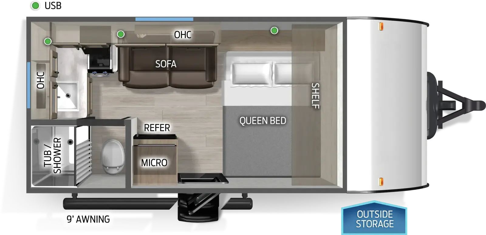The Cascade 141RBXC floorplan has one entry and zero slide outs. Exterior features include: metal exterior and 9' awning. Interiors features include: front bedroom.