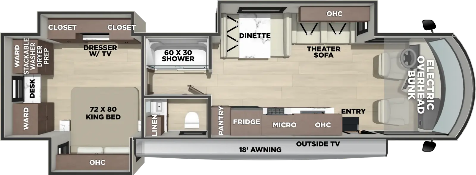 The Georgetown 5 Series GT5 34C floorplan has one entry and three slide outs. Exterior features include: 18' awning and outside entertainment. Interiors features include: rear bedroom, bunk over cab and dinette.