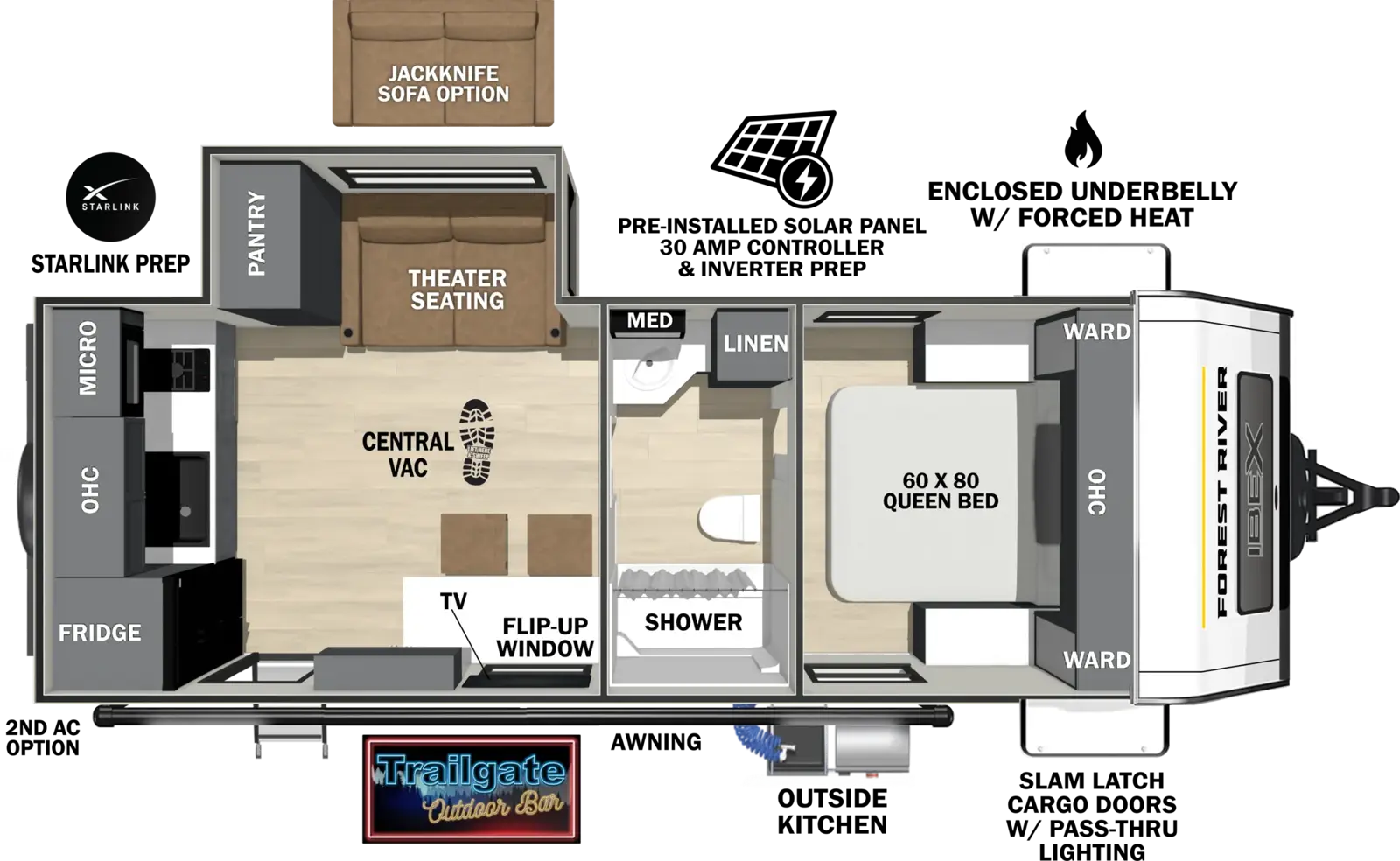 The Ibex 19BRK floorplan has one entry and one slide out. Exterior features include: fiberglass exterior, 12' awning and outside kitchen. Interiors features include: rear kitchen, front bedroom and pass through bathroom.