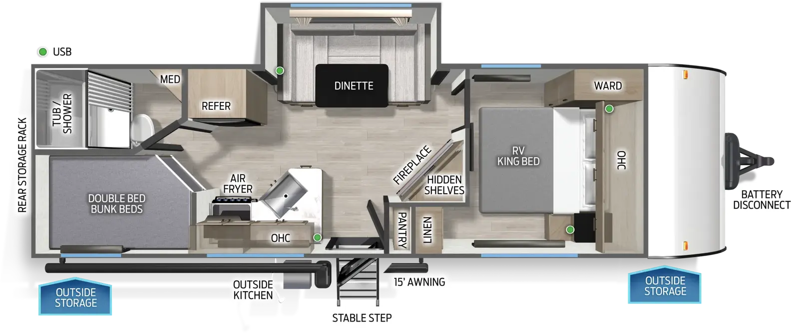 The Cascade 231BHC floorplan has one entry and one slide out. Exterior features include: metal exterior, 15' awning and outside kitchen. Interiors features include: bunk beds, u-dinette and front bedroom.
